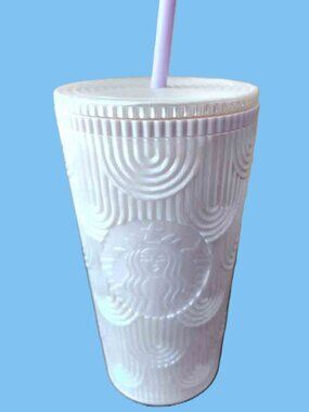 2022 Starbucks 16oz Pearl White Mermaid Cold Cup Tumbler Siren Shell W/Straw